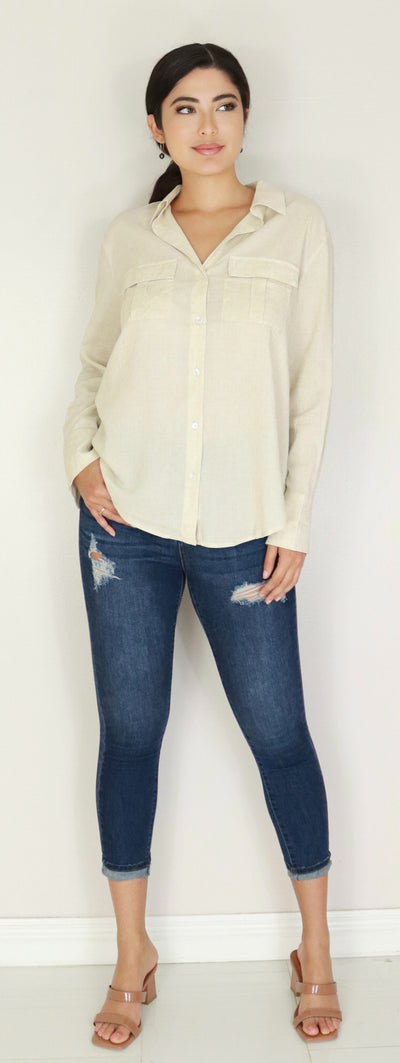 Jeans Warehouse Hawaii - 3/4 & L/S SOLID WOV TOPS - LINEN BUTTON DOWN TOP | By MUSTARD SEED