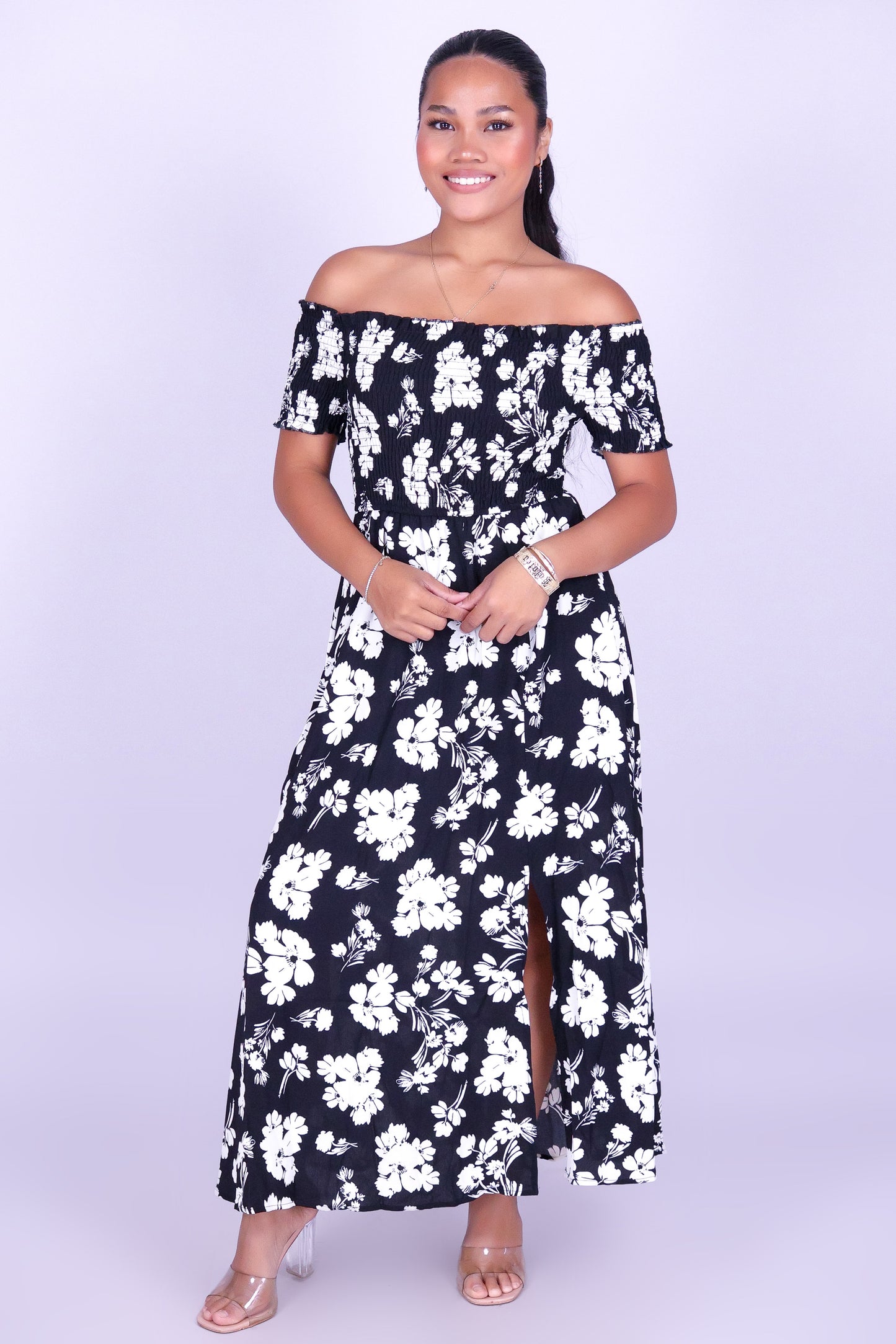 WHISPERING BLOOM OFF SHOULDER MAXI DRESS