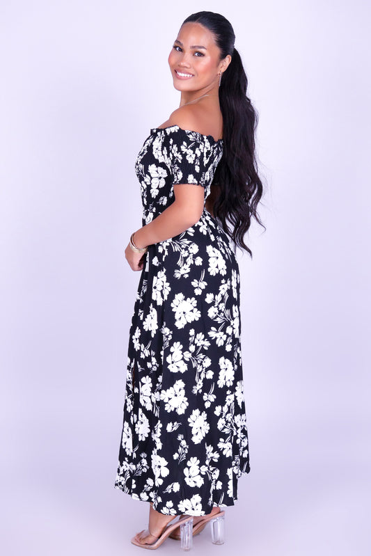 WHISPERING BLOOM OFF SHOULDER MAXI DRESS