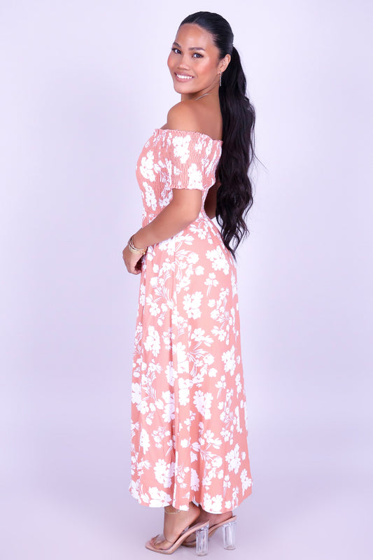 WHISPERING BLOOM OFF SHOULDER MAXI DRESS