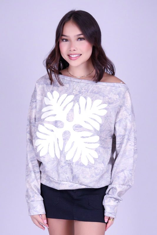 LAUAE QUILT CAMO OFF SHOULDER SWEATER