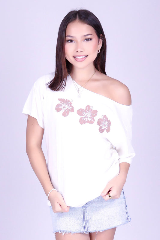 3 HIBISCUS OVERSIZED OFF SHOULDER TEE