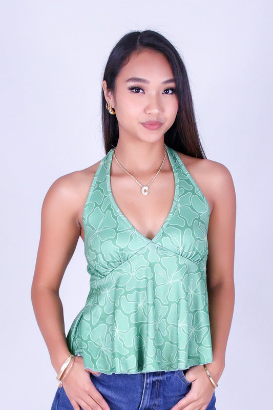 WAVY HIBISCUS TIE HALTER TOP