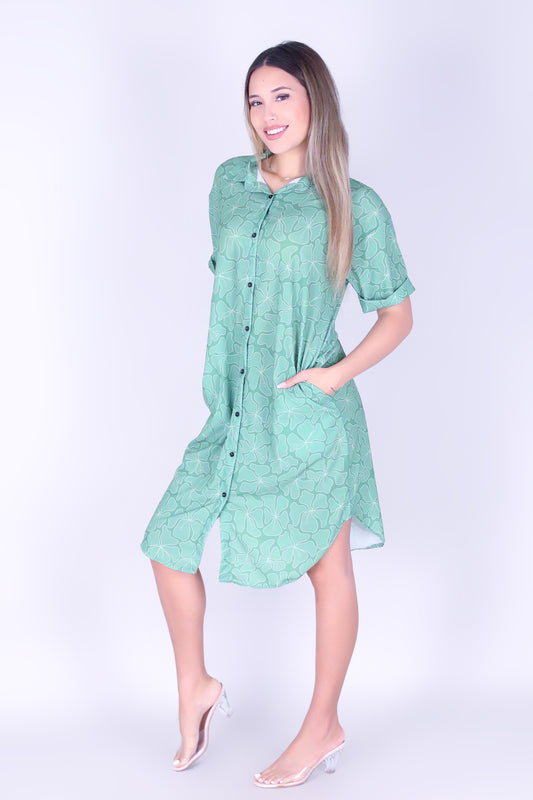 WAVY HIBISCUS BUTTON DOWN DRESS