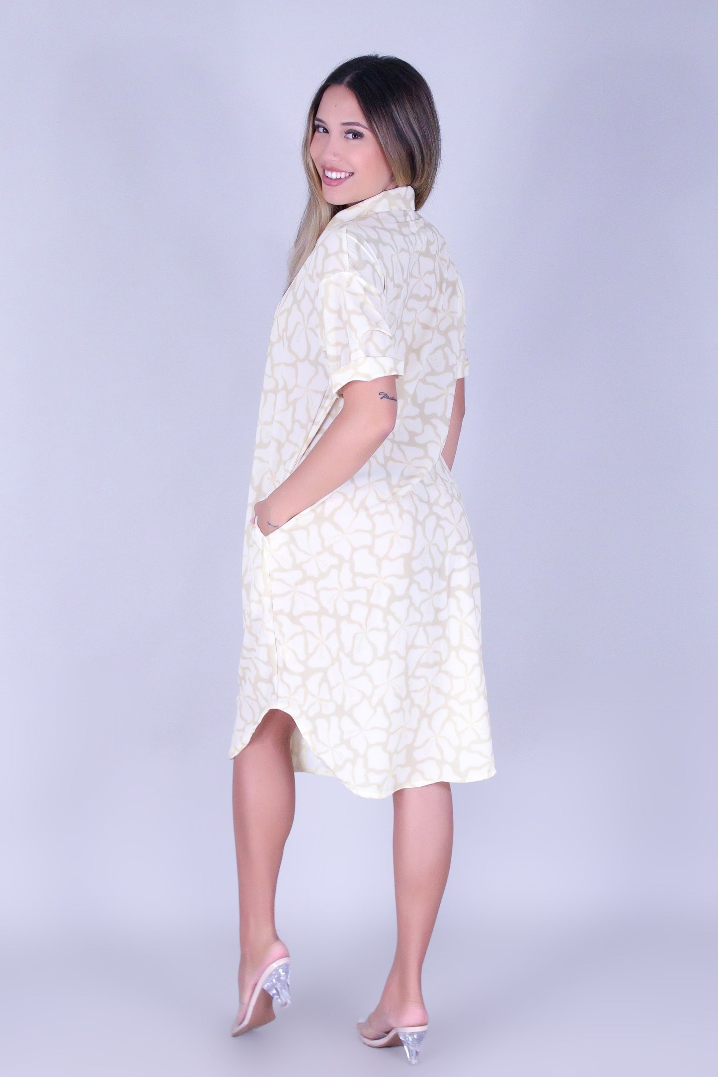 WAVY HIBISCUS BUTTON DOWN DRESS