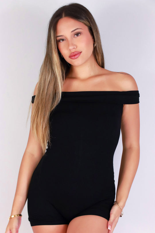 SLIP INTO SLEEK OFF-THE-SHOULDER CATSUIT ROMPER