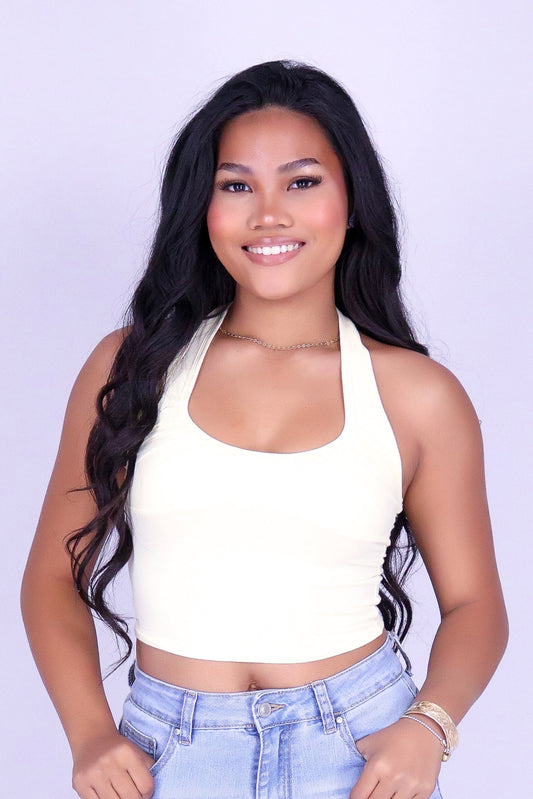BARELY GOLDEN CROP HALTER TOP