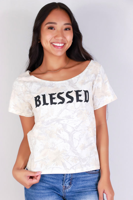 BLESSED CAMO OFF SHOULDER TEE