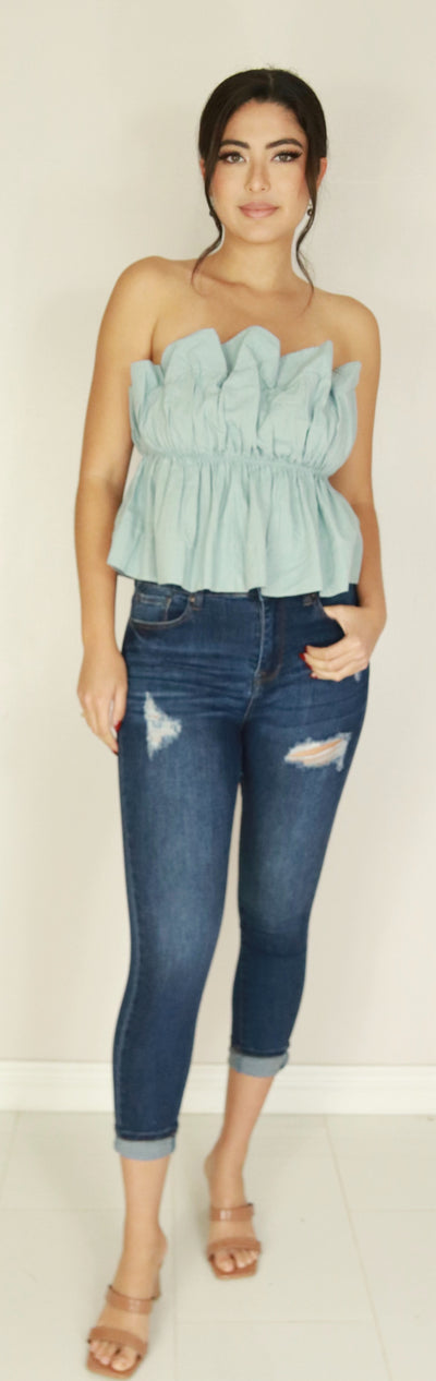Jeans Warehouse Hawaii - S/L SOLID WOVEN TOPS - RUFFLE CHEST PEPLUM TOP | By MIOU MUSE