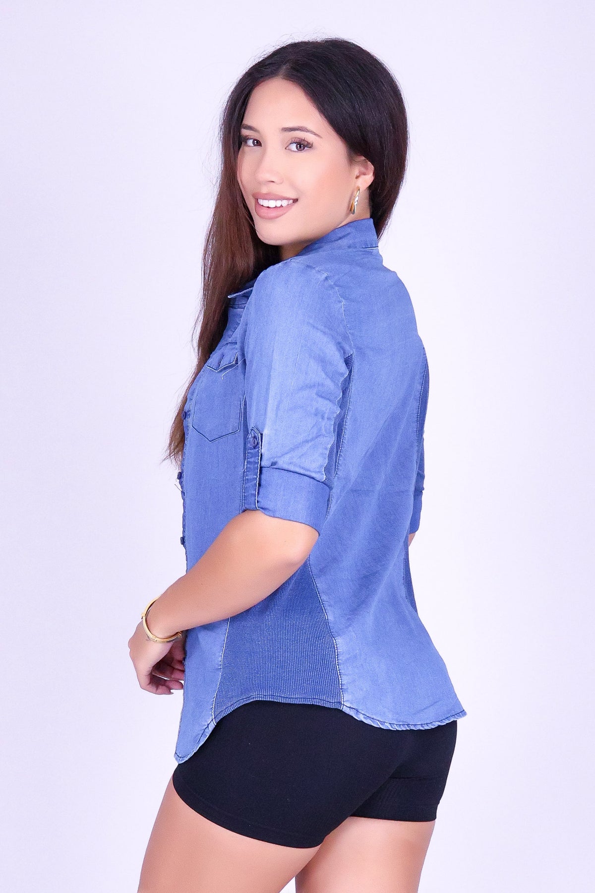 LITTLE MISS BLUE CHAMBRAY LONG SLEEVE TOP