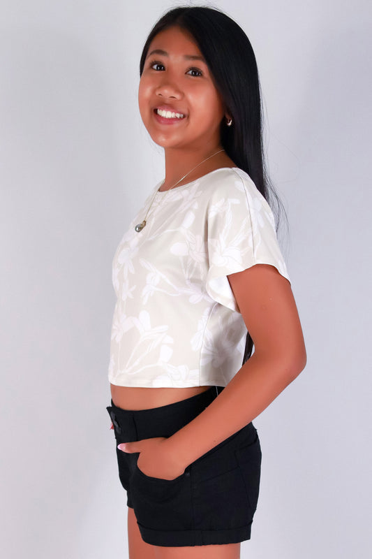 Jeans Warehouse Hawaii - S/S PRINT 2-16 - PLUMERIA TREE CROP TOP | KIDS SIZE 2-16 | By LUZ