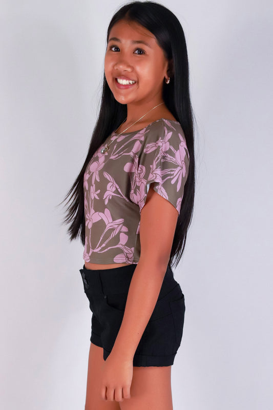 Jeans Warehouse Hawaii - S/S PRINT 2-16 - PLUMERIA TREE CROP TOP | KIDS SIZE 2-16 | By LUZ
