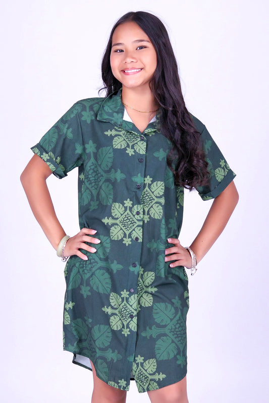 MONSTERA QUILT BUTTON DOWN DRESS | KIDS SIZE 2-16
