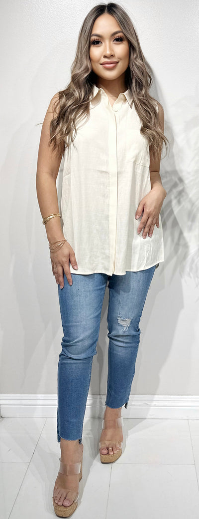 Jeans Warehouse Hawaii - S/L SOLID WOVEN TOPS - SLEEVELESS LINEN TOP | By COZY CASUAL