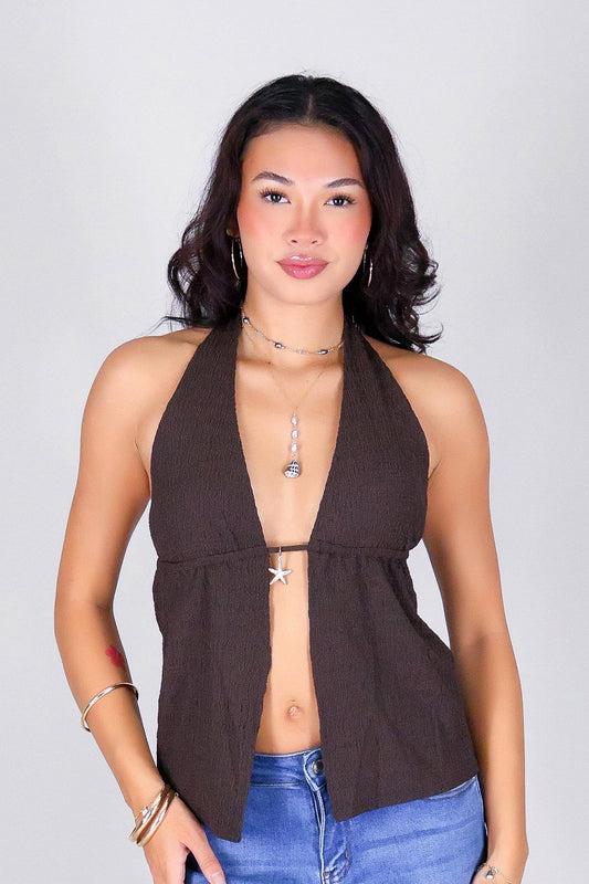 OPEN TO MOTION FLYAWAY HALTER TOP