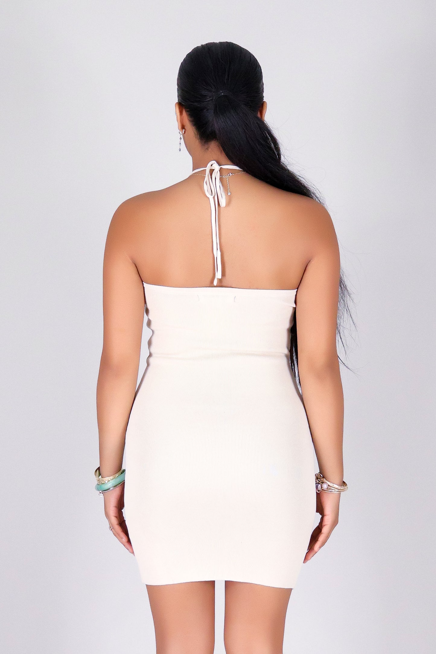 MIDNIGHT WHISPER MINI HALTER DRESS