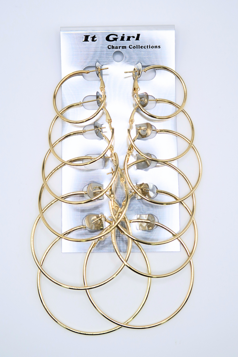 Jeans Warehouse Hawaii - MULTI ON CARD - 6 PAIR GOLD HOOP SET | By JOIA TRADING