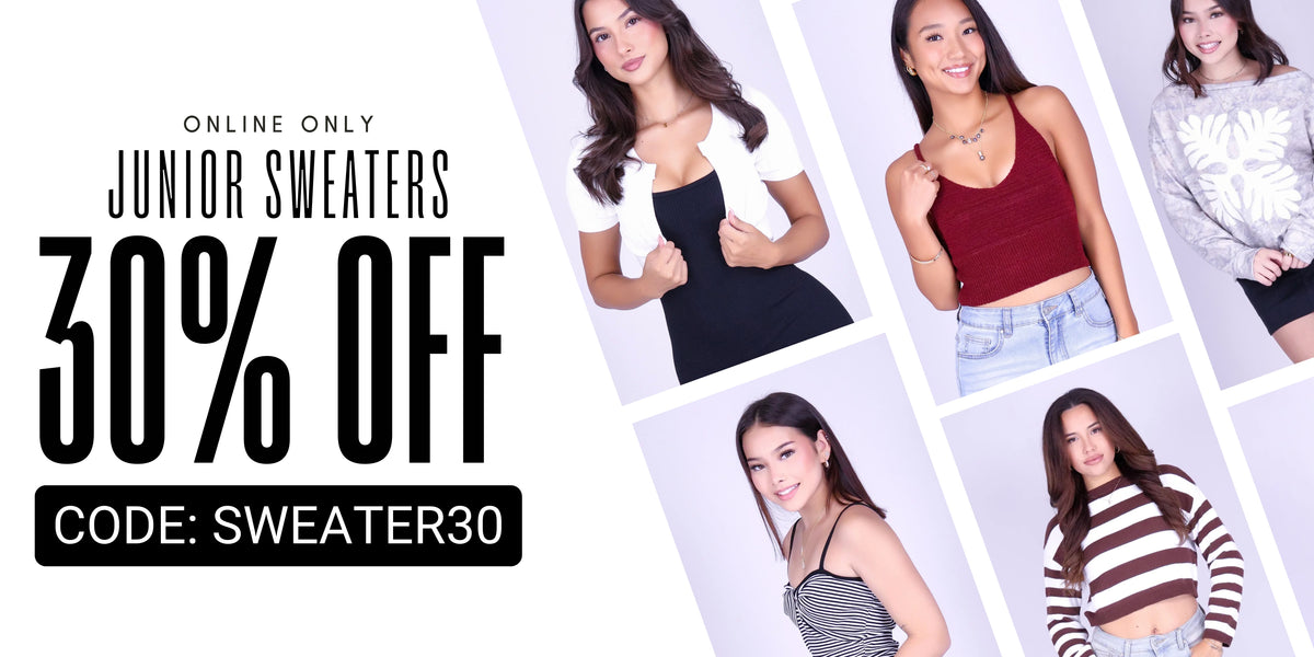 Promotional banner for online junior sweaters with a 30% off discount code. The left side features bold black text reading 'ONLINE ONLY JUNIOR SWEATERS 30% OFF CODE: SWEATER30' on a white background.