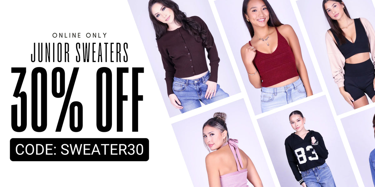 Promotional banner for online junior sweaters with a 30% off discount code. The left side features bold black text reading 'ONLINE ONLY JUNIOR SWEATERS 30% OFF CODE: SWEATER30' on a white background.