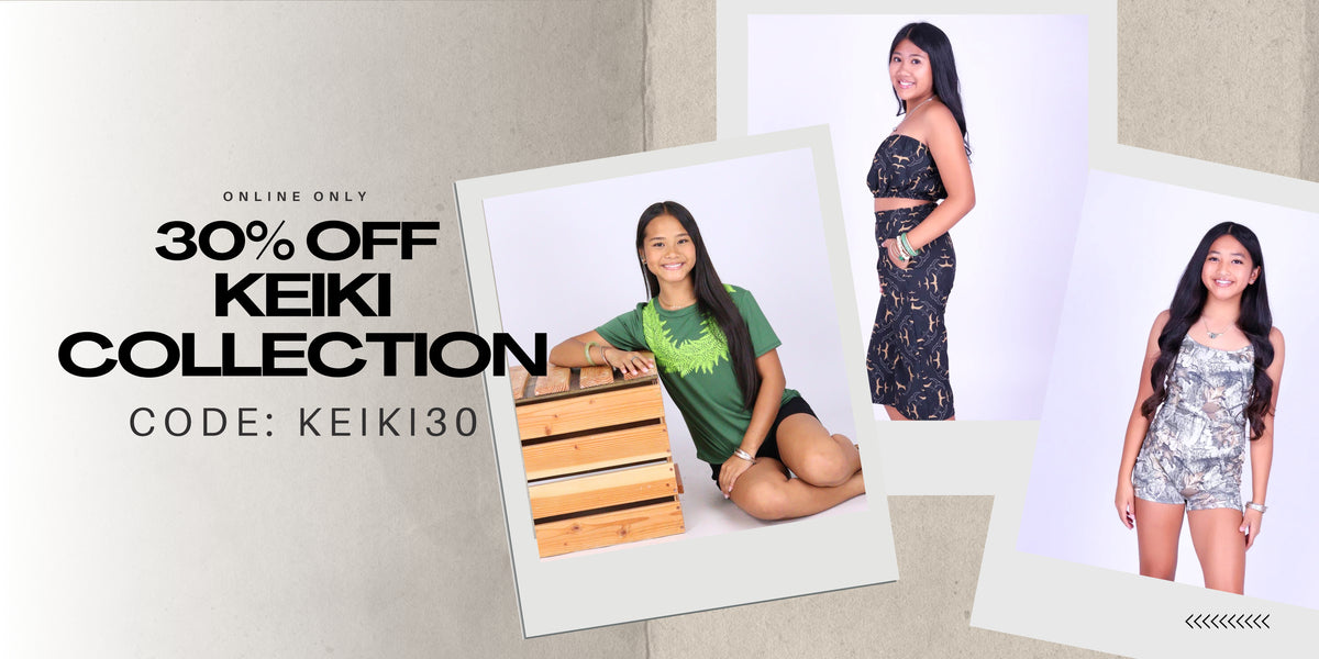 Promotional banner for the Keiki Collection showing three model photos on a light beige background with large text reading '30% OFF KEIKI COLLECTION' and 'CODE: KEIKI30'.