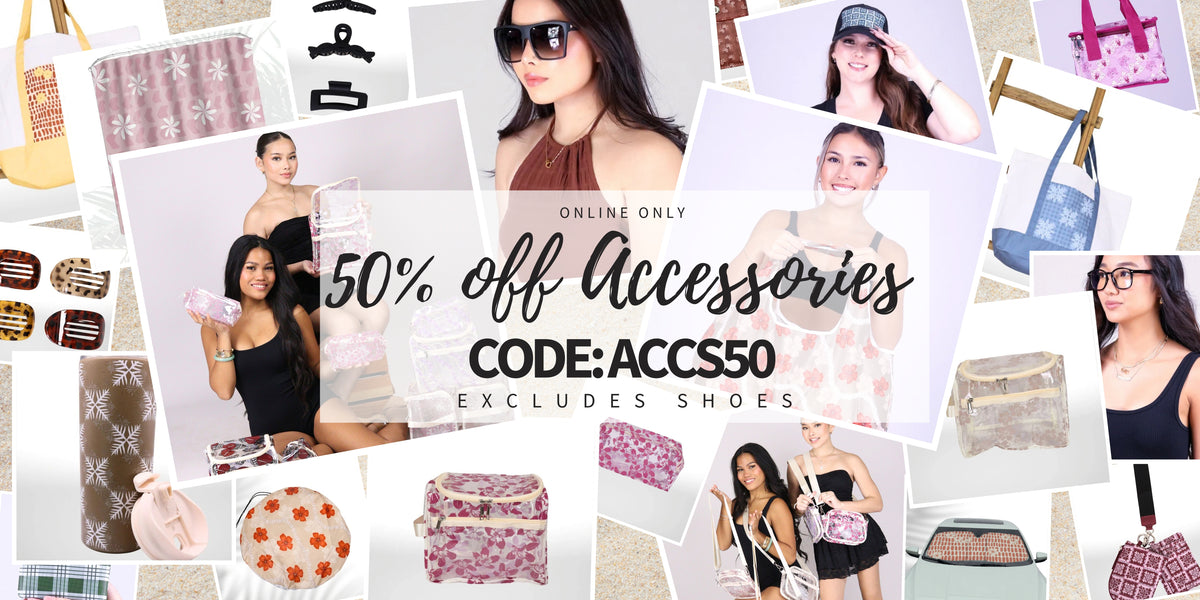Collage of multiple photos across a grainy tan background. Some photos with just accessories itself and others with models posing with sunglasses, necklaces, hat, tote bags, tumblers, hair clips, keychains, or etc. With black text on an transparent white background that states: 'Online only', '50% off all accessories', 'Code: ACCS50', and 'Excludes Shoes'