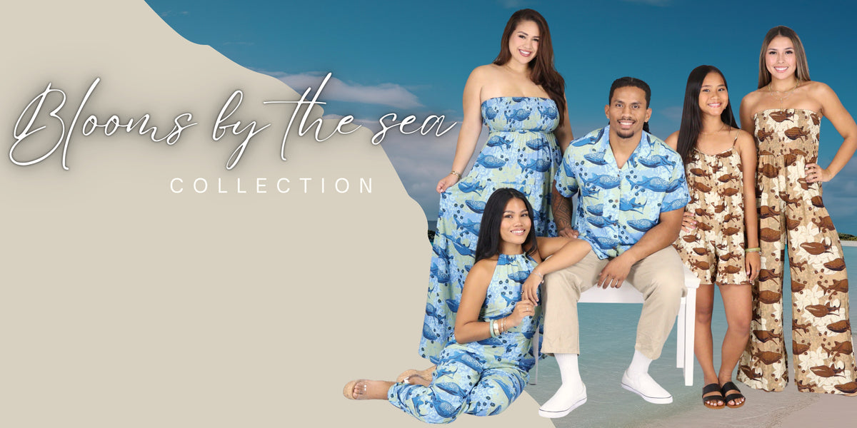 A family of five models wearing matching tropical-themed swimwear and cover-ups from the 'Blooms by the sea Collection' posed against a split beach and ocean backdrop. The left side of the image features a beige graphic background with the collection name in white script and sans-serif fonts, while the right side shows the models on a sandy beach with blue water.