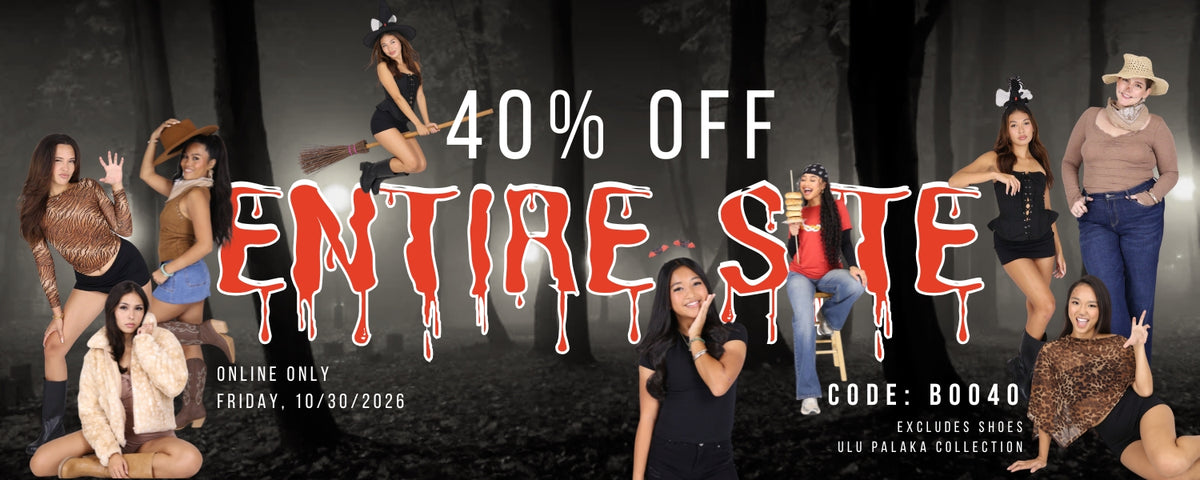 A promotional banner for 'Entire Site, Excluding Shoes and Ulu Palaka Collection' featuring multiple models posing in Halloween costumes against a dark forest background. Large text reads '40% OFF ENTIRE SITE' with 'ENTIRE SITE' in dripping red letters, along with the online deadline Friday, 10/30/2026 and code B0040.