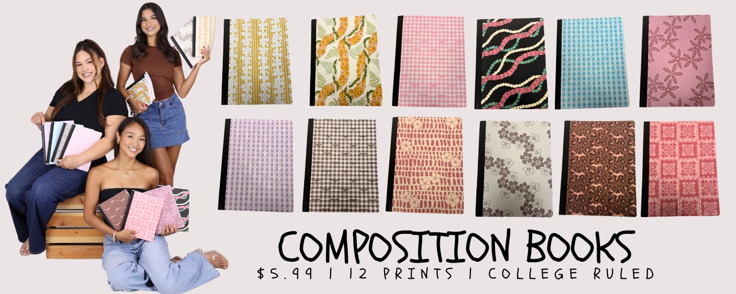 Promotional image of composition books with various patterns and prices. Check out the new collection!