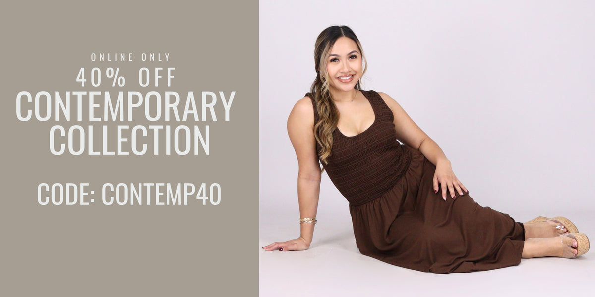 A woman wearing a sleeveless brown dress sits on a light studio floor next to promotional text that reads 'Online Only 40% Off Contemporary Collection Code: CONTEMP40'.
