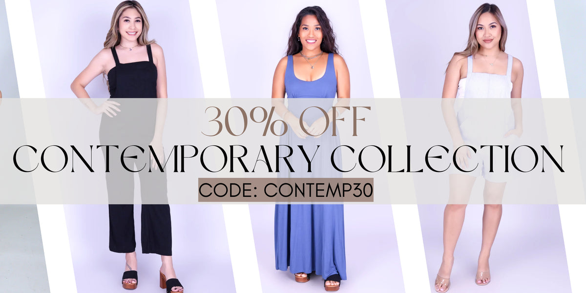 Three women modeling different sleeveless outfits against a white and light gray striped background, with a large promotional banner reading '30% OFF CONTEMPORARY COLLECTION' and 'CODE: CONTEMPO30'.