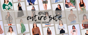 Promotional banner with women's clothing images and a discount offer. Online Only, 40% Entire Site, Excluding Shoes. Use Code: COZY40