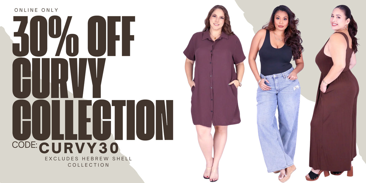 Promotional banner for a 'Curvy Collection' featuring three plus-size models wearing different outfits: a short-sleeve button-down shirt dress in maroon, a black tank top with light blue jeans, and a sleeveless brown maxi dress. Large text on the left reads '30% OFF CURVY COLLECTION' with code 'CURVY30' and 'Exclude Hebrew Sbell Collecions .