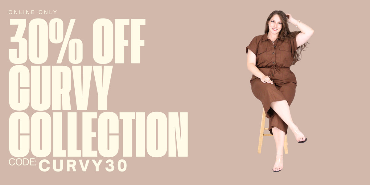A woman wearing a brown short-sleeve dress sits on a wooden stool against a solid beige background, with large promotional text on the left reading '30% OFF CURVY COLLECTION' and 'CODE: CURVY30'.