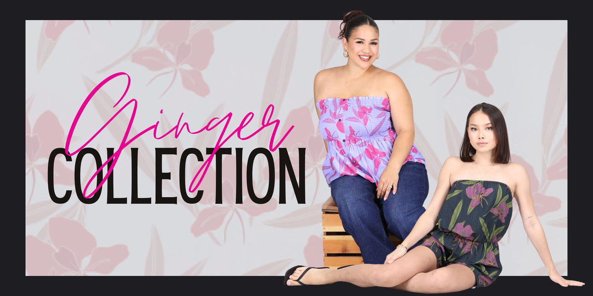 Two models on the right posing in the new Ginger flower print collection in a black romper and purple tube top with jeans. All on a tan background with ginger flowers. On the left side with text: 'Ginger Collection'