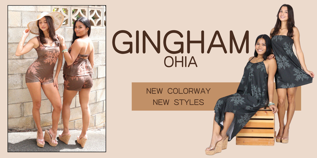 Promotional graphic for Gingham Ohia featuring three models wearing different styles of the brand's apparel. The left panel shows two women in metallic bronze romper sets, the right panel shows two women in dark gray patterned dresses, and the center features the text 'GINNING OHIA' and 'NEW COLORWAY NEW STYLES' on a beige background.