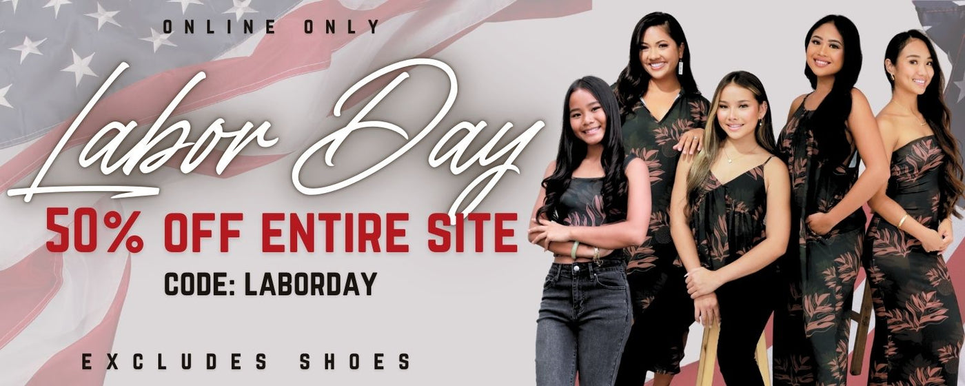 Promotional banner for Labor Day sale with models in black dresses and American flag background. 50% Off Entire Site, excluding shoes. Use Code: LABORDAY