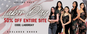 Promotional banner for Labor Day sale with models in black dresses and American flag background. 50% Off Entire Site, excluding shoes. Use Code: LABORDAY
