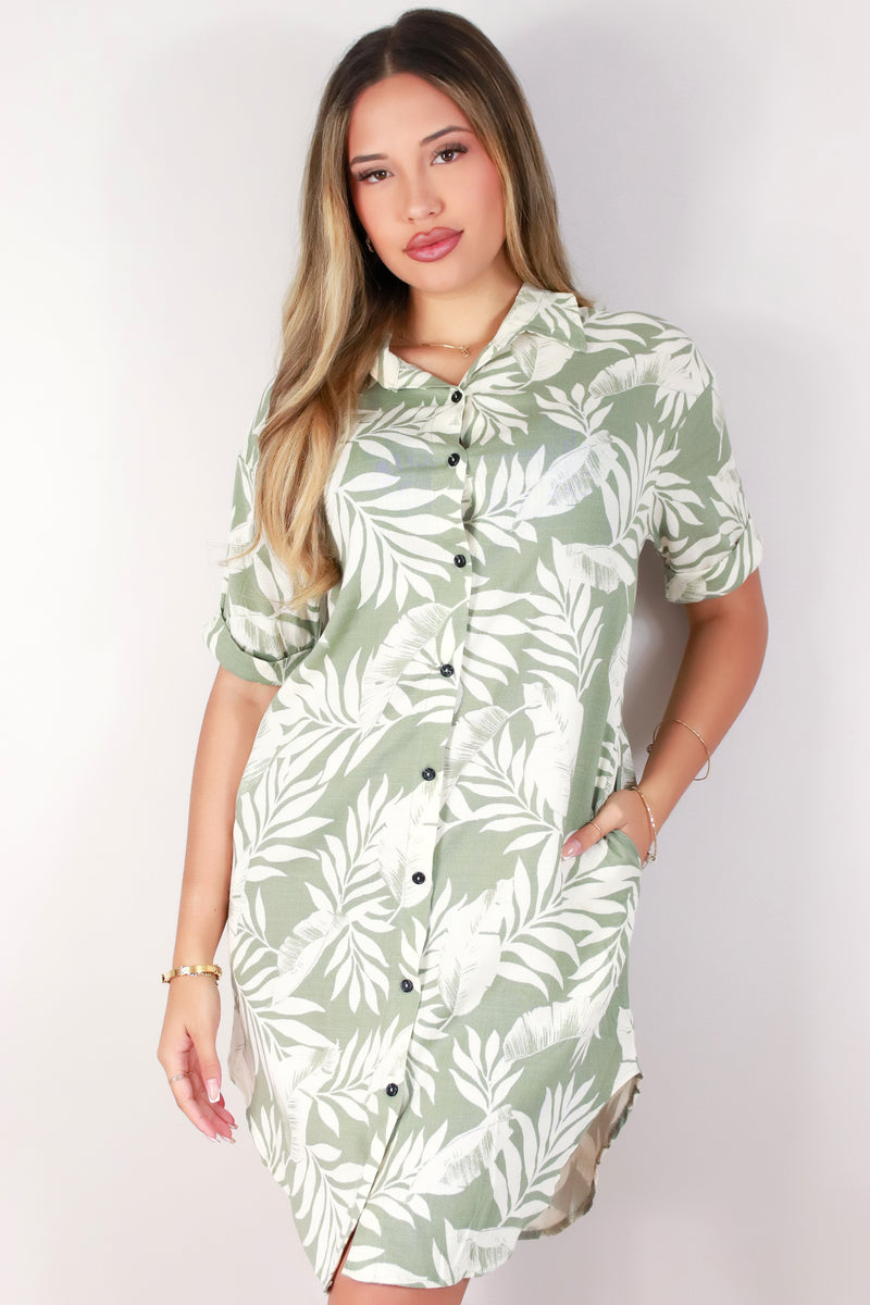Jeans Warehouse Hawaii - SLEEVE SHORT PRINT DRESSES - LEAF ME BE BUTTON DOWN DRESS | By LUZ