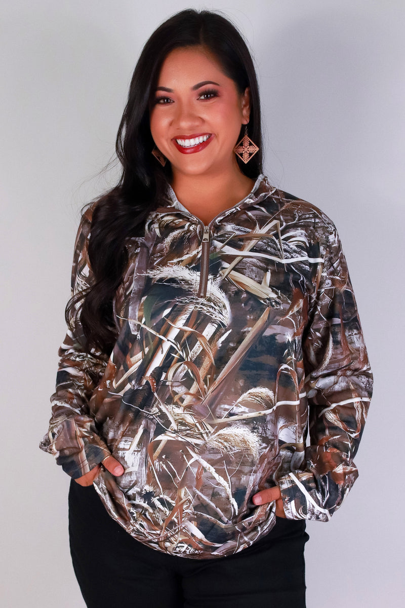 Jeans Warehouse Hawaii - PLUS PTTN LONG SLV TOPS - HUNTING CAMO HALF ZIP SWEATER | By GREENWELL PROMOTIONS LTD