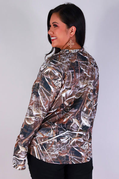 Jeans Warehouse Hawaii - PLUS PTTN LONG SLV TOPS - HUNTING CAMO HALF ZIP SWEATER | By GREENWELL PROMOTIONS LTD