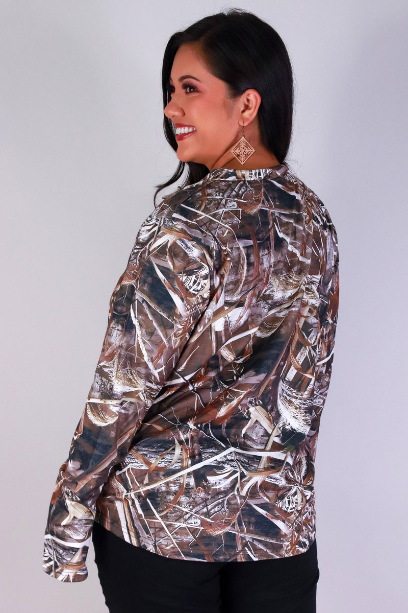 Jeans Warehouse Hawaii - PLUS PTTN LONG SLV TOPS - HUNTING CAMO HALF ZIP SWEATER | By GREENWELL PROMOTIONS LTD