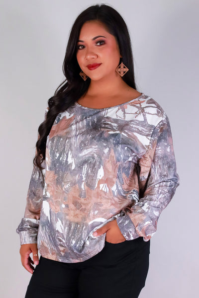 Jeans Warehouse Hawaii - PLUS PTTN LONG SLV TOPS - HUNTING CAMO OFF SHOULDER SWEATER | By GREENWELL PROMOTIONS LTD