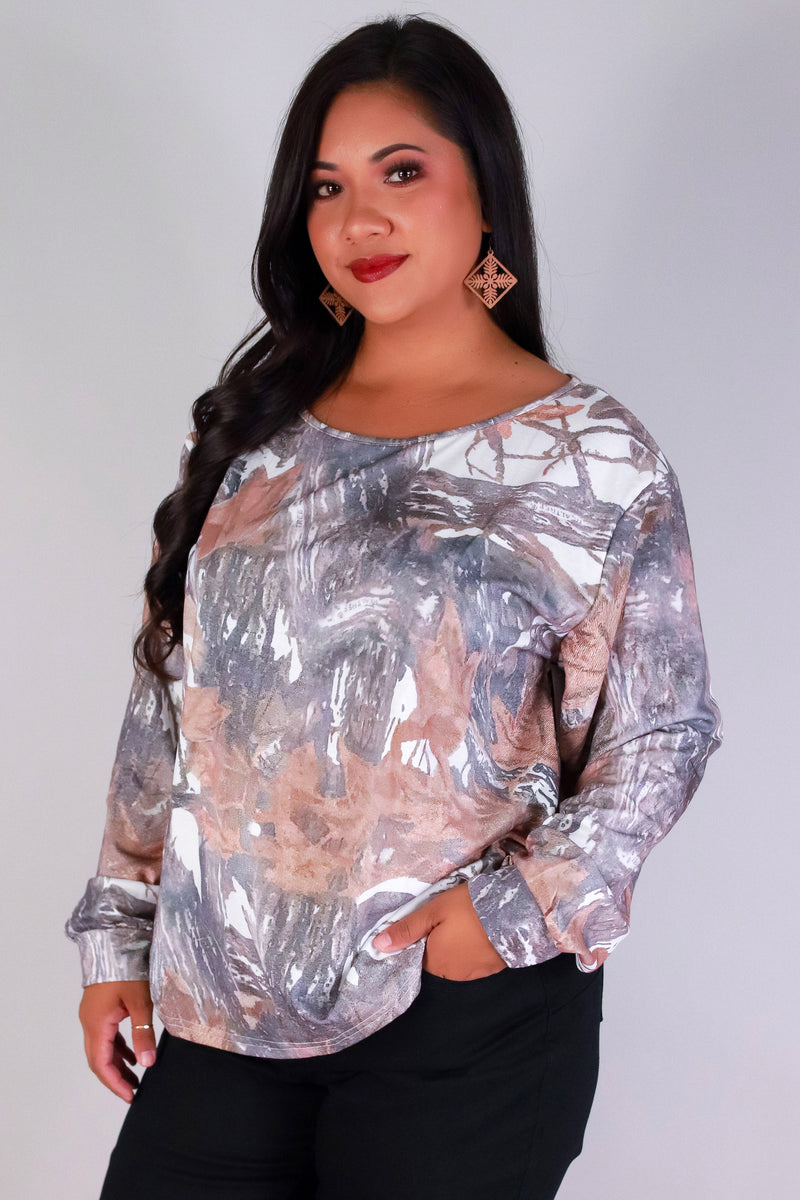 Jeans Warehouse Hawaii - PLUS PTTN LONG SLV TOPS - HUNTING CAMO OFF SHOULDER SWEATER | By GREENWELL PROMOTIONS LTD
