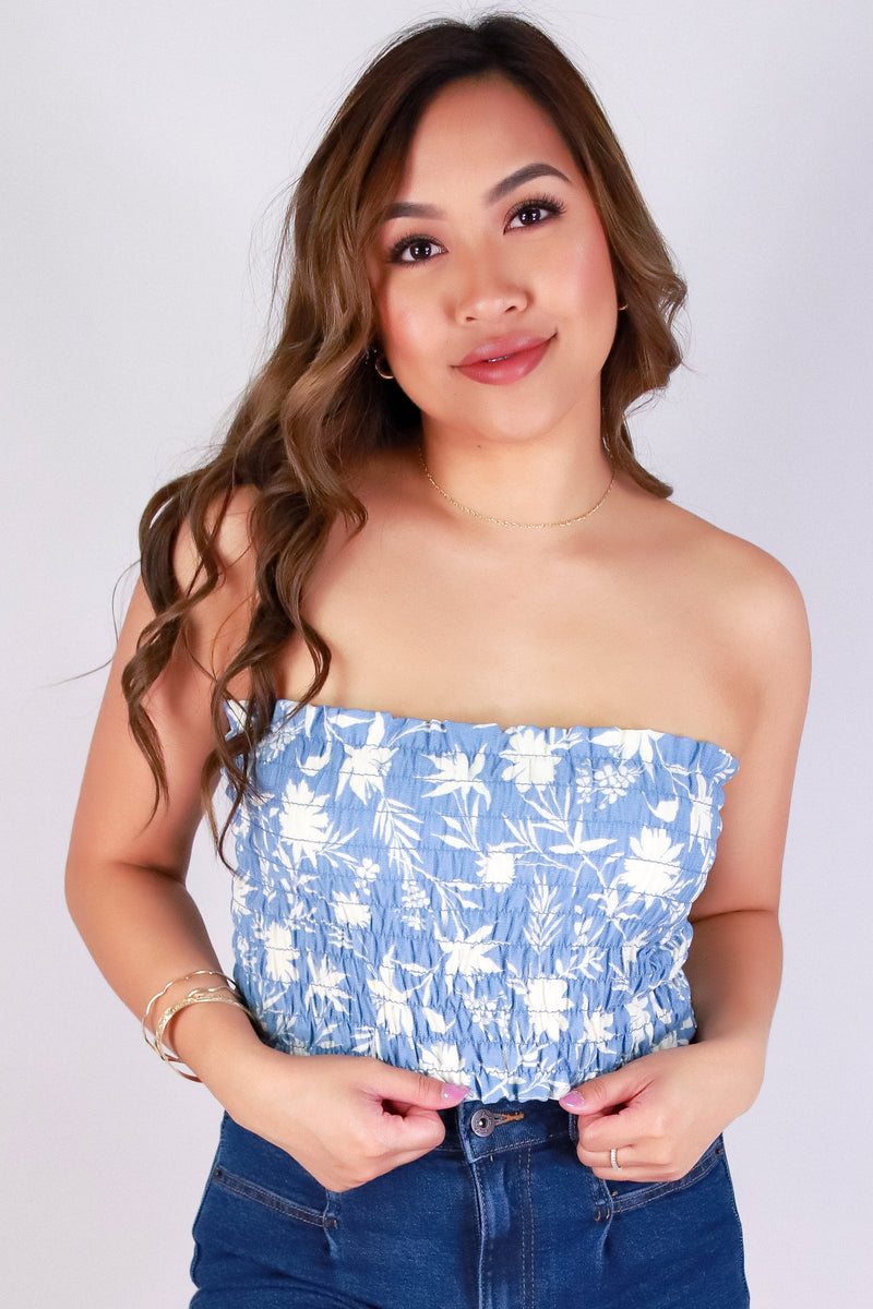Jeans Warehouse Hawaii - S/L PRINT WOVEN TOPS - SUGAR SMOCK TUBE TOP | By OLIVE & CO