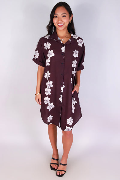 Jeans Warehouse Hawaii - SLEEVE SHORT PRINT DRESSES - ORCHID BUTTON DOWN DRESS | By LUZ