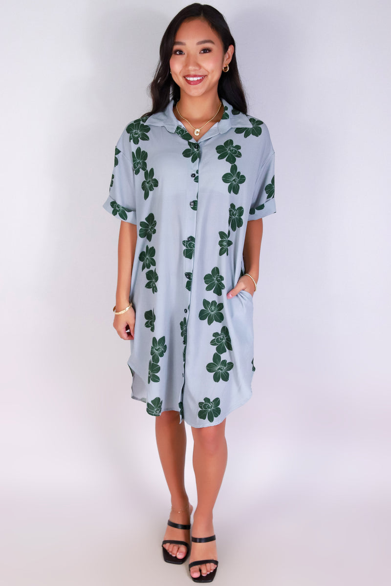 Jeans Warehouse Hawaii - SLEEVE SHORT PRINT DRESSES - ORCHID BUTTON DOWN DRESS | By LUZ