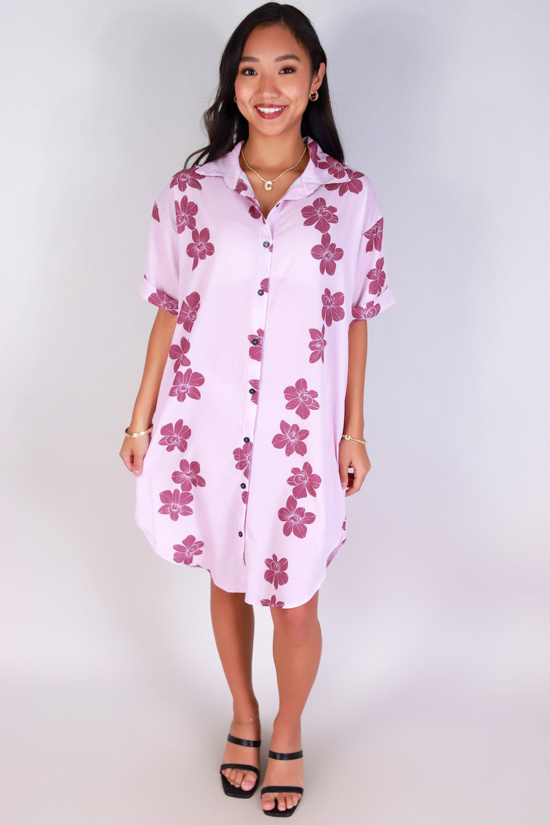 Jeans Warehouse Hawaii - SLEEVE SHORT PRINT DRESSES - ORCHID BUTTON DOWN DRESS | By LUZ
