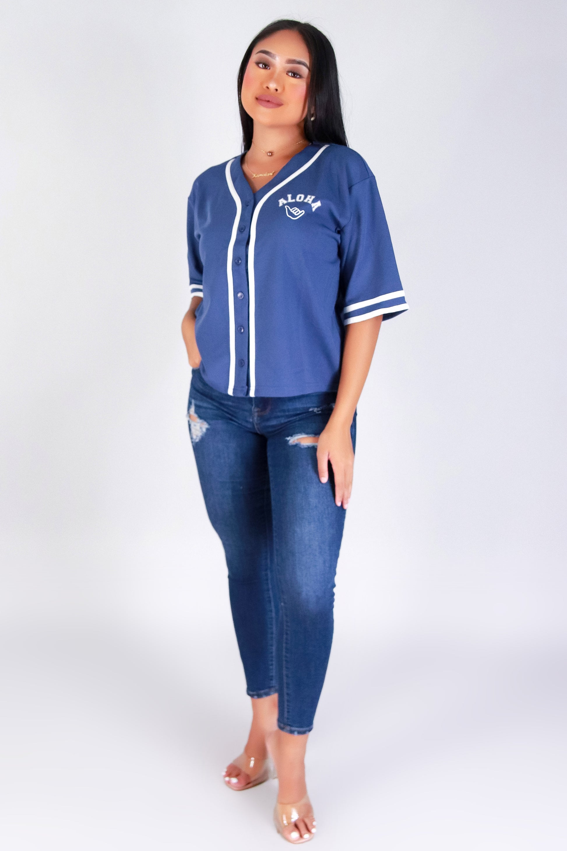 Jeans Warehouse Hawaii - S/S PRINT WOVEN CASUAL TOPS - ALOHA SHAKA BASEBALL JERSEY | By I JOAH