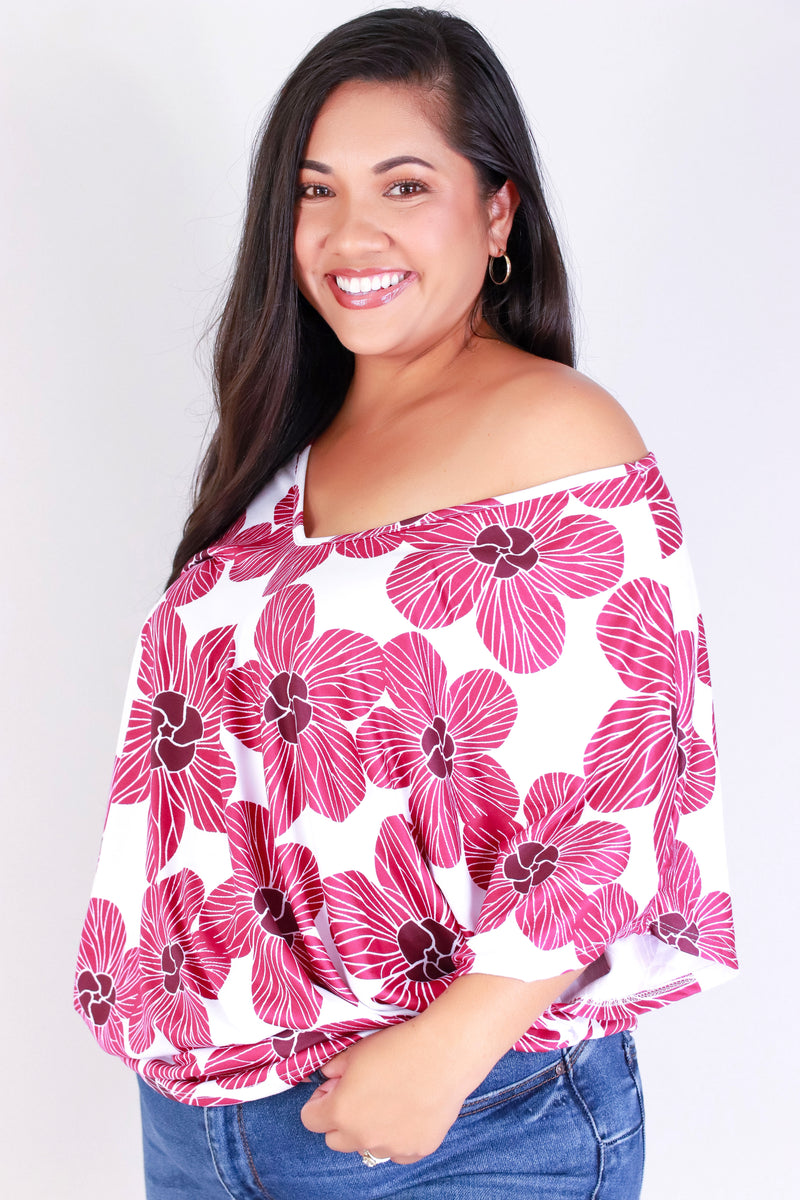 Jeans Warehouse Hawaii - PLUS PRINTED S/S - HAU FLOWER DOLMAN TOP | By LUZ