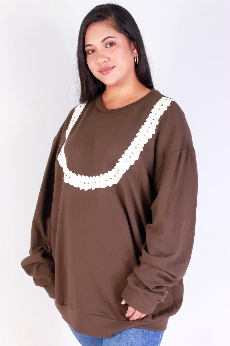 Jeans Warehouse Hawaii - PLUS SOLID LONG SLV TOPS - DOUBLE STRAND PIKAKE LEI SWEATER | By ROCK & ROSE BY CHERIE